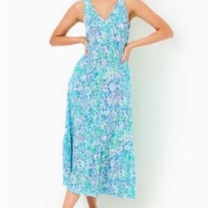 NWT Lilly Pulitzer Madden Surf Blue Midi Sundress V-Neck Large